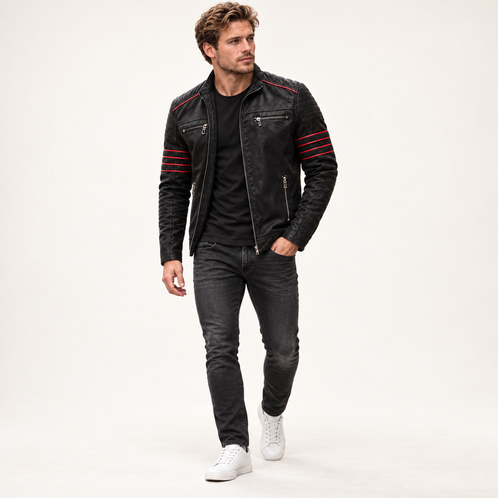 Kleding en accessoires > Kleding > Buitenkleding > Jassen en jacks : Veste Biker Homme en Cuir Synthétique avec Bandes Contrastées dans de Roselva