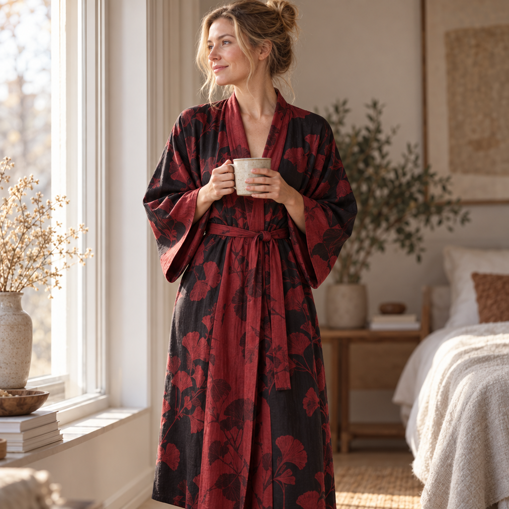 Kleding en accessoires > Kleding > Nachtkleding en loungewear > Kamerjassen : Kimono Peignoir en Coton avec Motif Feuille Réversible dans de Roselva