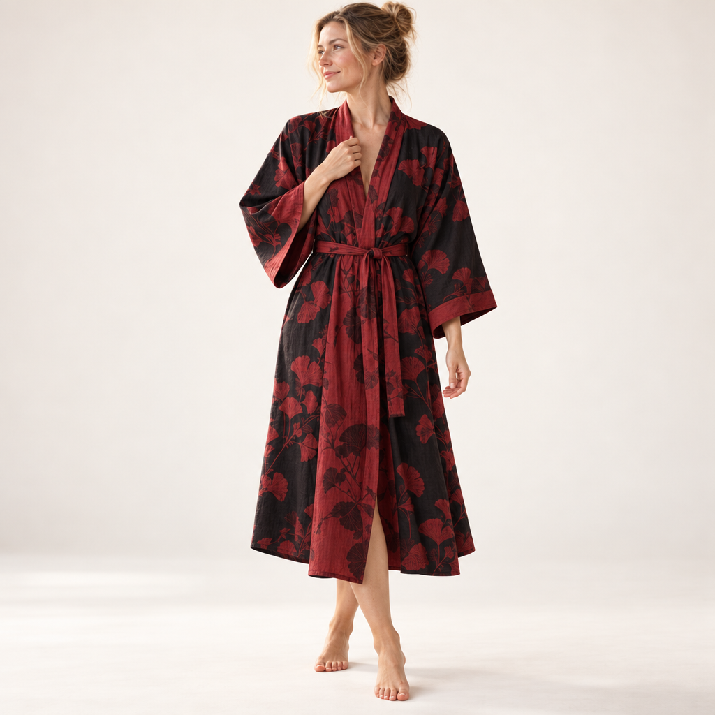Kleding en accessoires > Kleding > Nachtkleding en loungewear > Kamerjassen : Kimono Peignoir en Coton avec Motif Feuille Réversible dans de Roselva