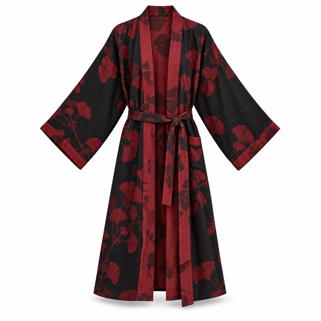 Kleding en accessoires > Kleding > Nachtkleding en loungewear > Kamerjassen : Kimono Peignoir en Coton avec Motif Feuille Réversible dans de Roselva