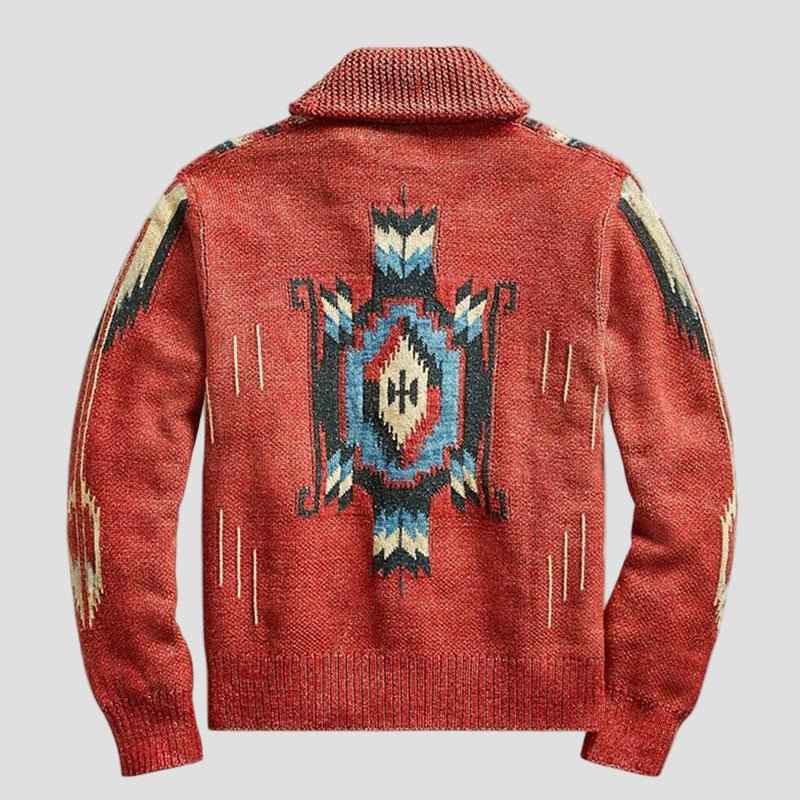 Cardigan Homme Vintage en Tricot Jacquard à Revers, Style Intemporel et Confort Douillet