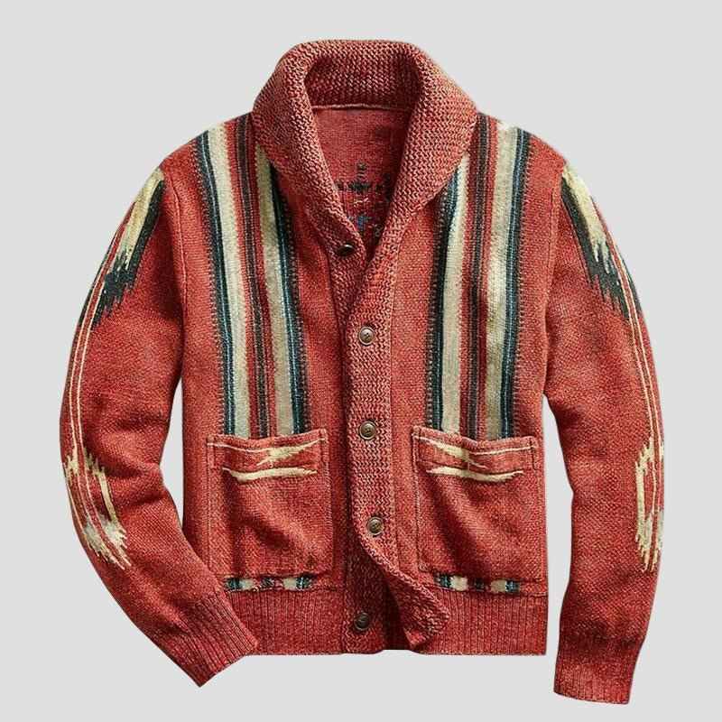 Cardigan Homme Vintage en Tricot Jacquard à Revers, Style Intemporel et Confort Douillet