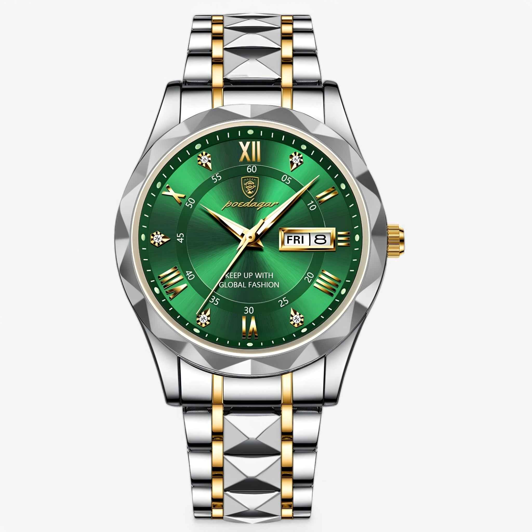 Watch : Montre Homme Luxe Quartz Bicolore Argent Or Acier Inoxydable Élégante dans Vert argenté de Marche Lino