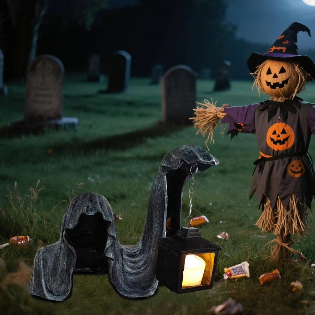 Figure de Fantôme avec Lanterne - Décoration d'Halloween Lumineuse Grise