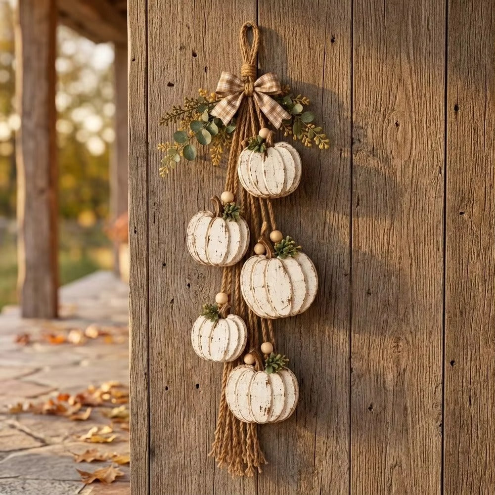 Suspension de Porte Citrouilles en Bois - Lot de 5 avec Nœud à Carreaux