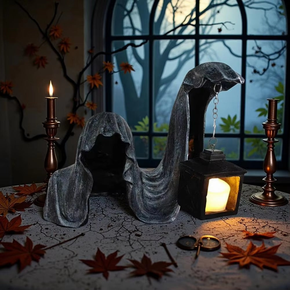 Figure de Fantôme avec Lanterne - Décoration d'Halloween Lumineuse Grise