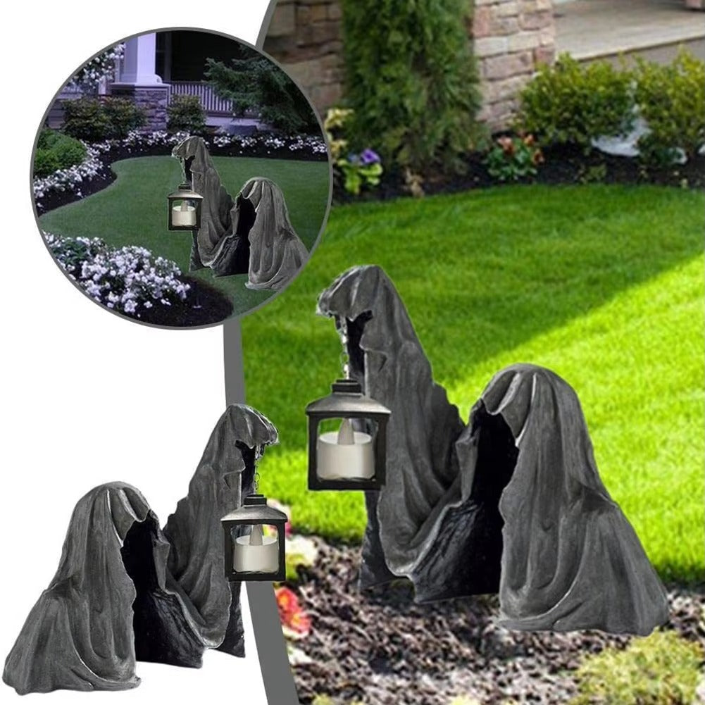 Figure de Fantôme avec Lanterne - Décoration d'Halloween Lumineuse Grise