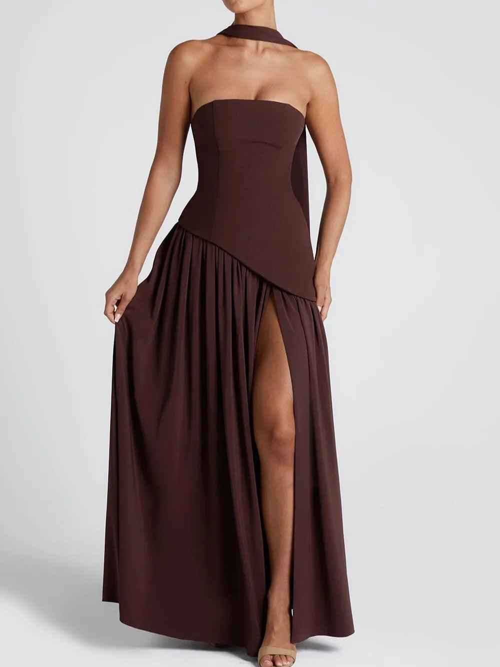 Maxi Dress : Robe longue fluide fendue femme - Élégante, confortable, sans bretelles avec ruban dans de Marche Lino
