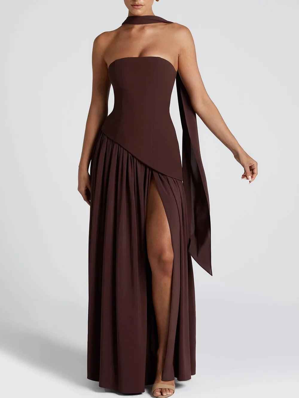Maxi Dress : Robe longue fluide fendue femme - Élégante, confortable, sans bretelles avec ruban dans de Marche Lino