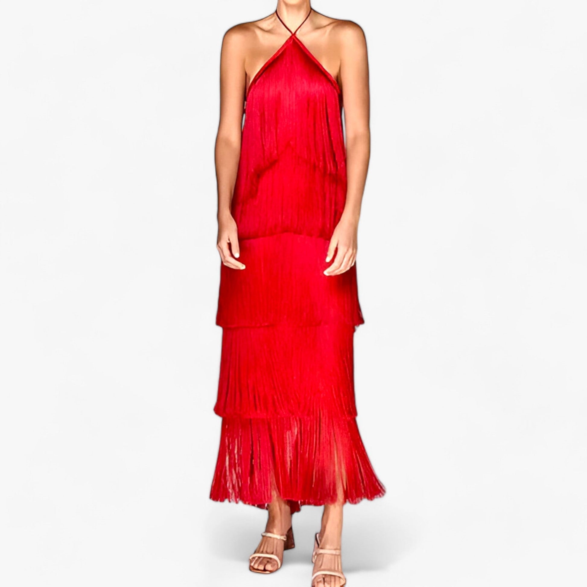 SERENA - Robe sans manches avec encolure papillon - détails de franges glamour