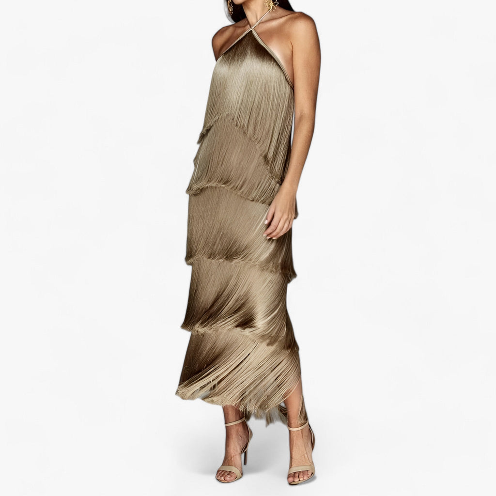 SERENA - Robe sans manches avec encolure papillon - détails de franges glamour