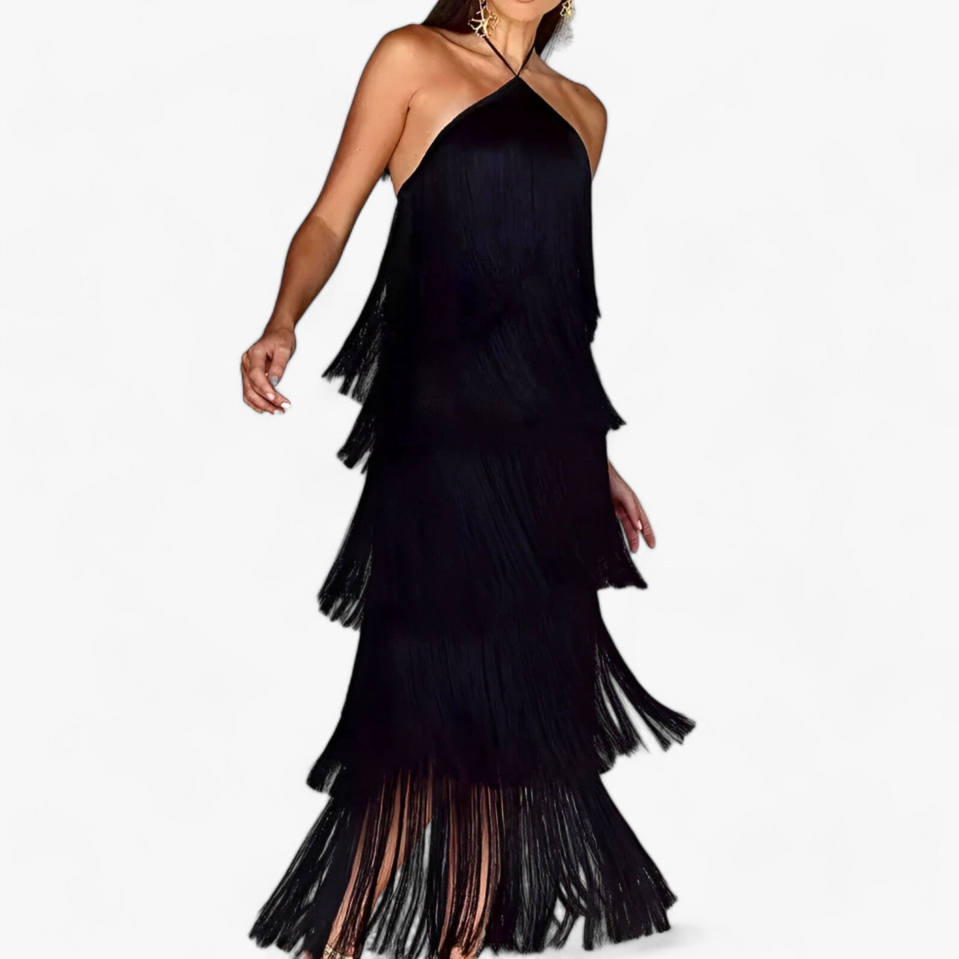 SERENA - Robe sans manches avec encolure papillon - détails de franges glamour