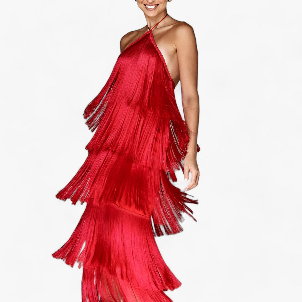 SERENA - Robe sans manches avec encolure papillon - détails de franges glamour