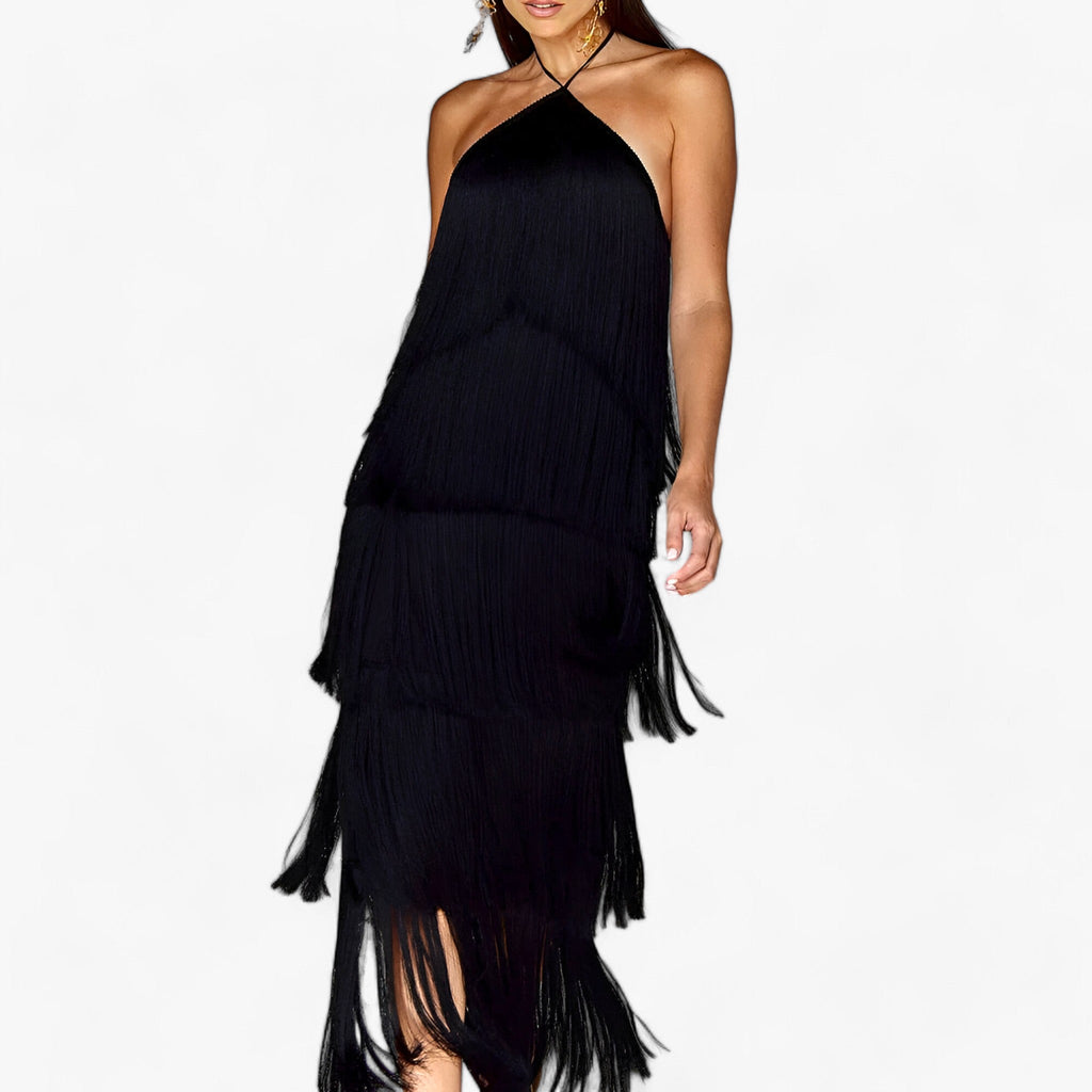 SERENA - Robe sans manches avec encolure papillon - détails de franges glamour