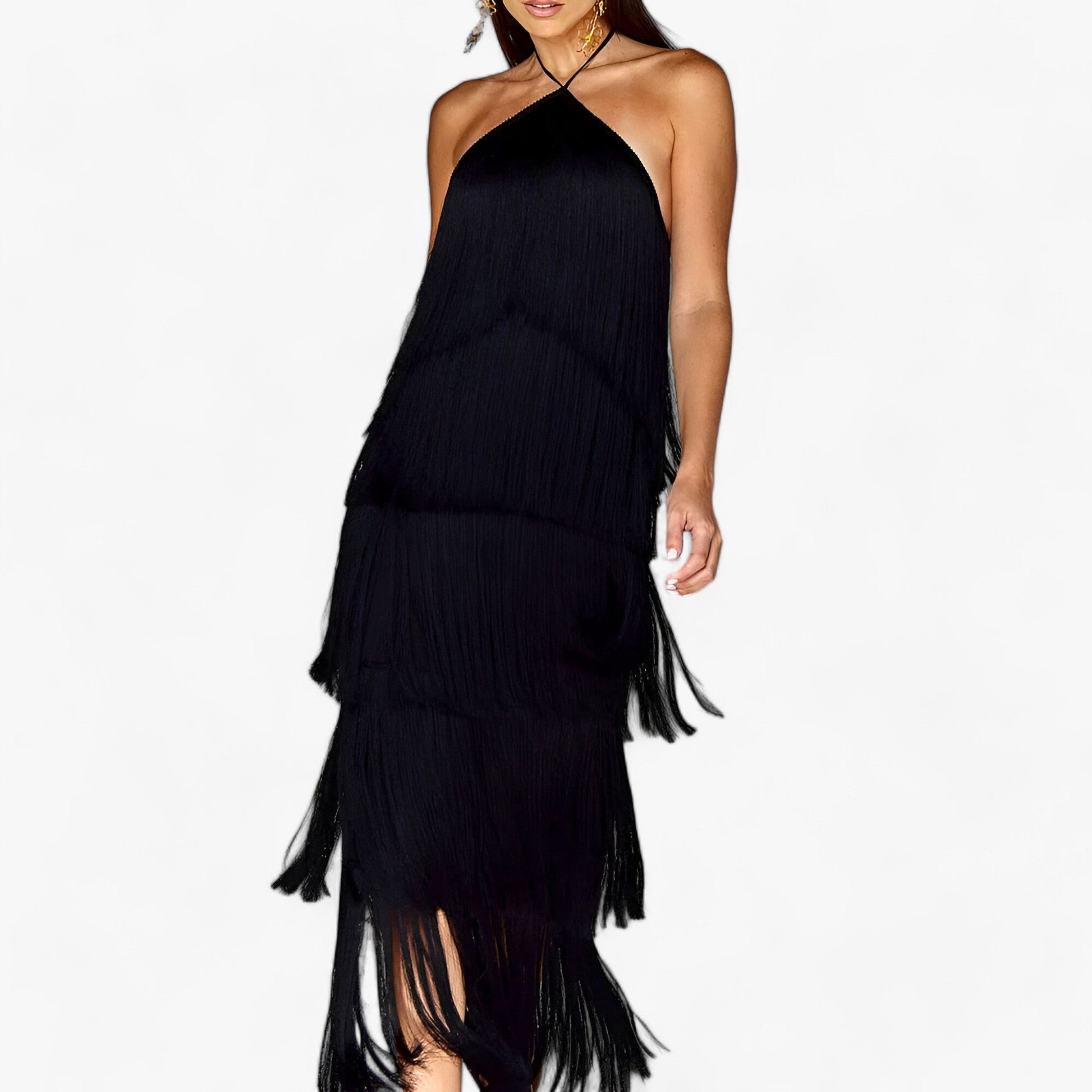 SERENA - Robe sans manches avec encolure papillon - détails de franges glamour
