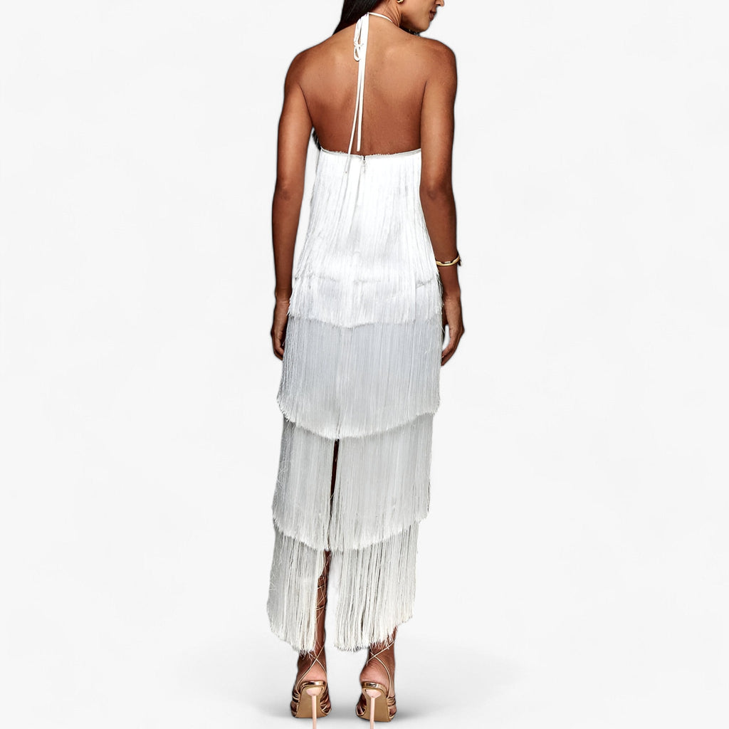 SERENA - Robe sans manches avec encolure papillon - détails de franges glamour