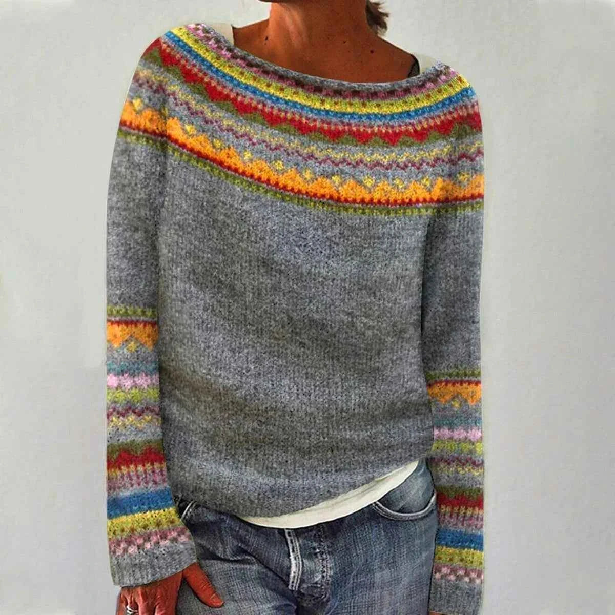 Knitted sweaters : Pull Femme Col Bateau Rayé Rétro Tricoté Coton Doux dans Greycoloured de Marche Lino