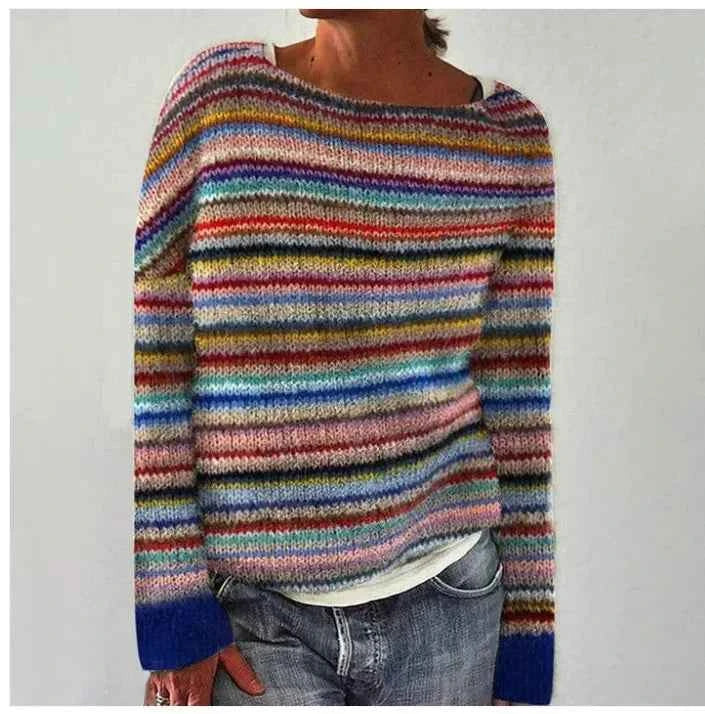 Knitted sweaters : Pull Femme Col Bateau Rayé Rétro Tricoté Coton Doux dans Floral de Marche Lino
