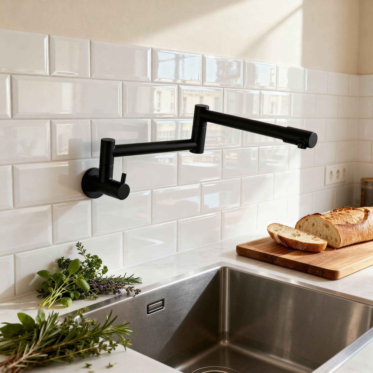 Robinet de cuisine : Robinet Cuisine Mural Noir Pliable en Acier Inoxydable dans de Marche Lino