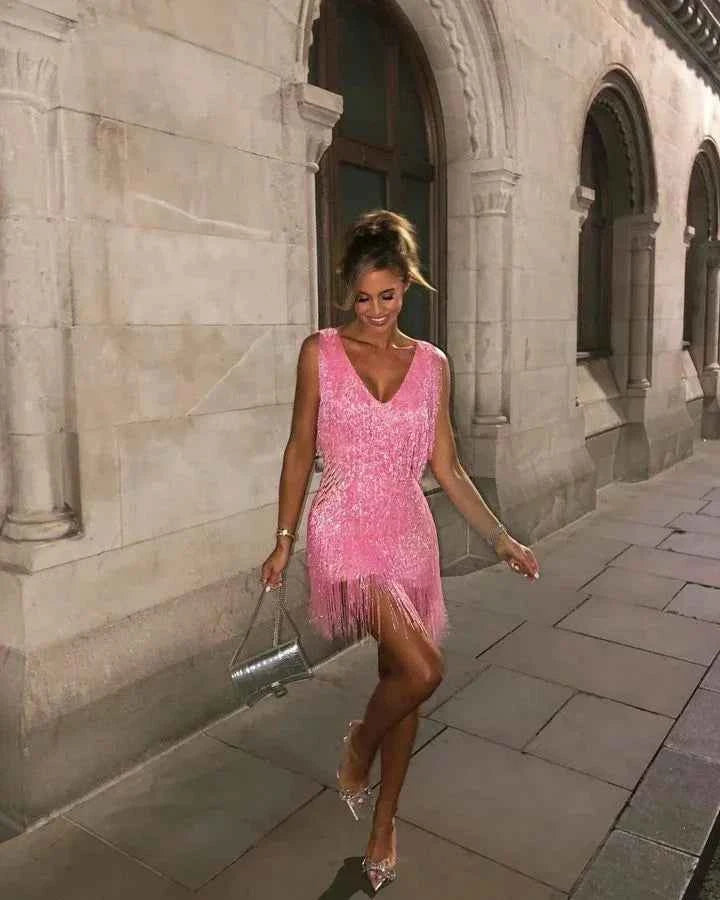 robe-soiree-femme-courte-a-franges-brillantes-sans-manches