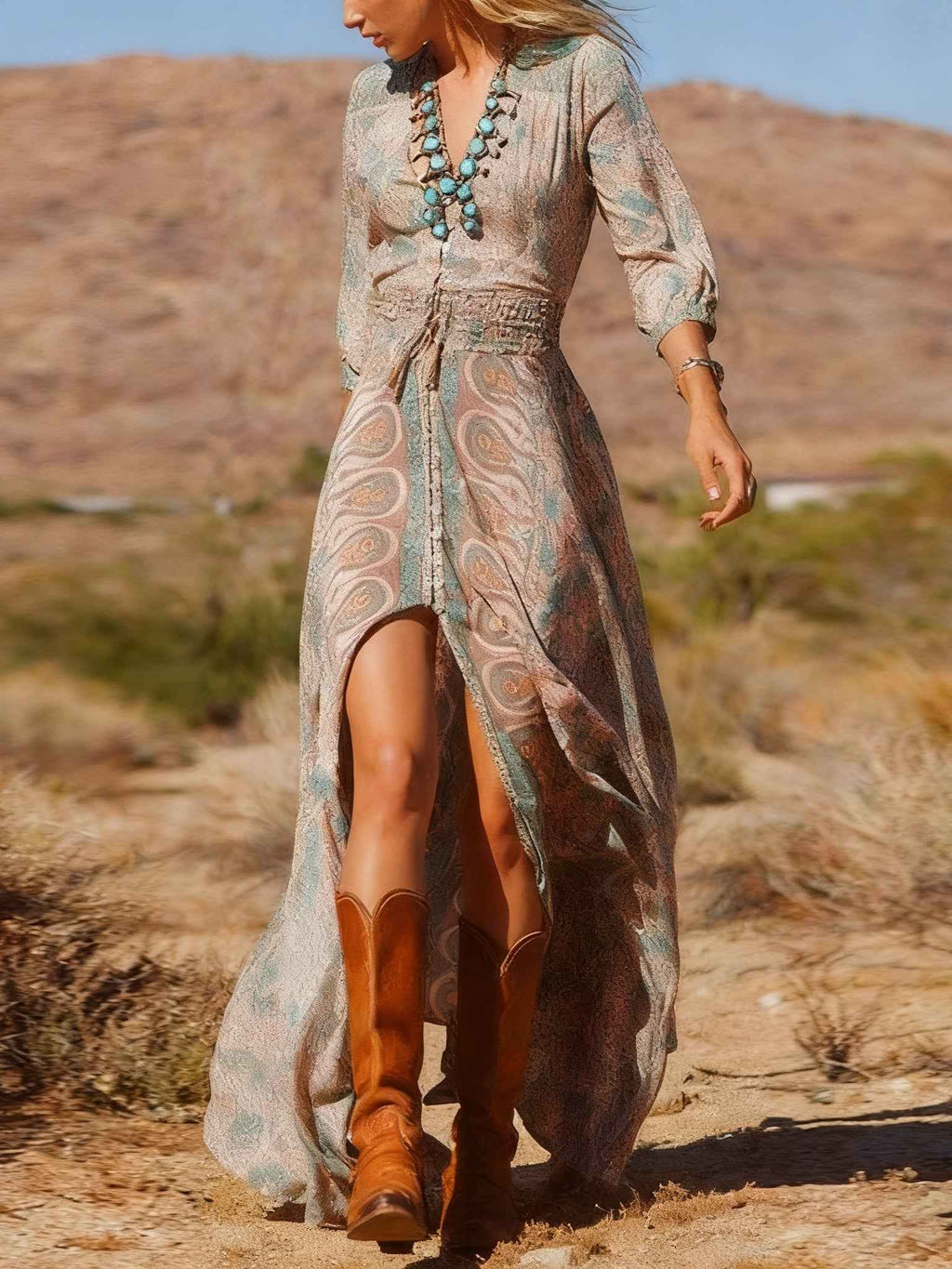 bohemian-long-maxi-dress-with-western-style-print-and-slit