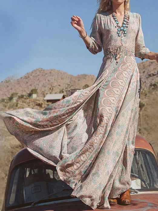 bohemian-long-maxi-dress-with-western-style-print-and-slit