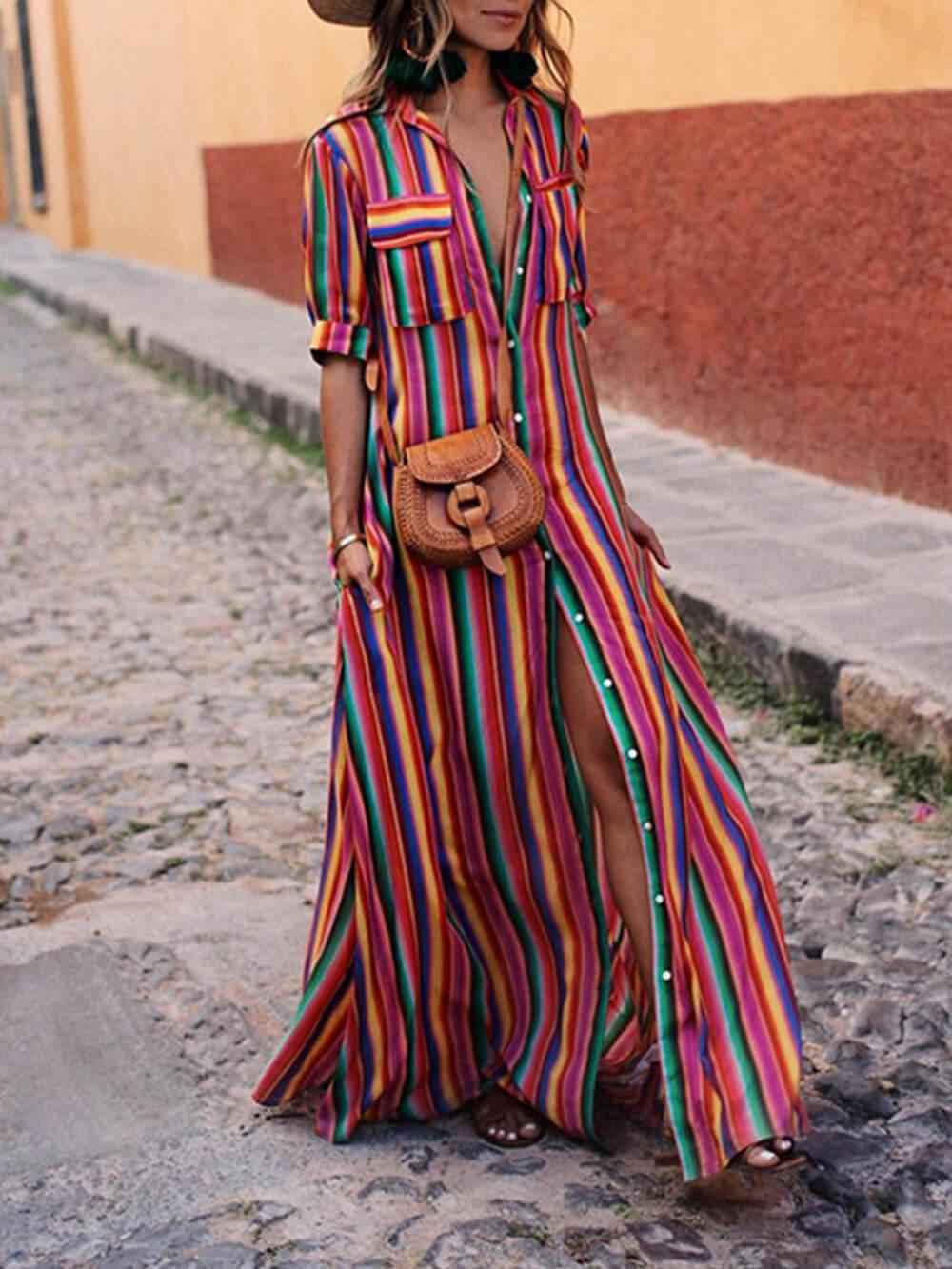 casual-striped-shirt-and-long-skirt-with-elegant-print