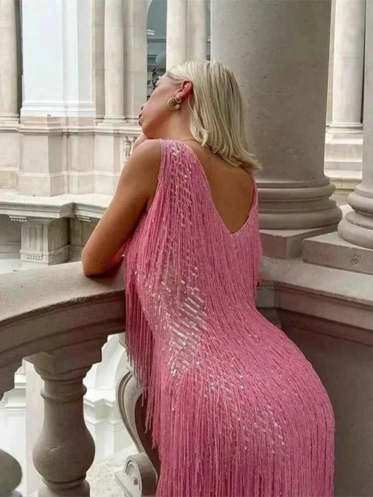 Robe soirée femme courte à franges brillantes sans manches
