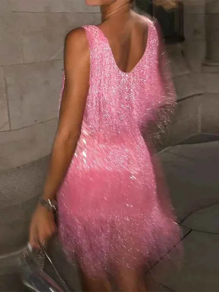 Robe soirée femme courte à franges brillantes sans manches