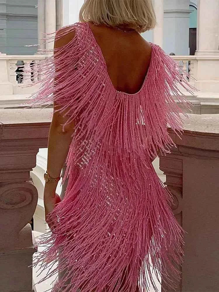 Robe soirée femme courte à franges brillantes sans manches