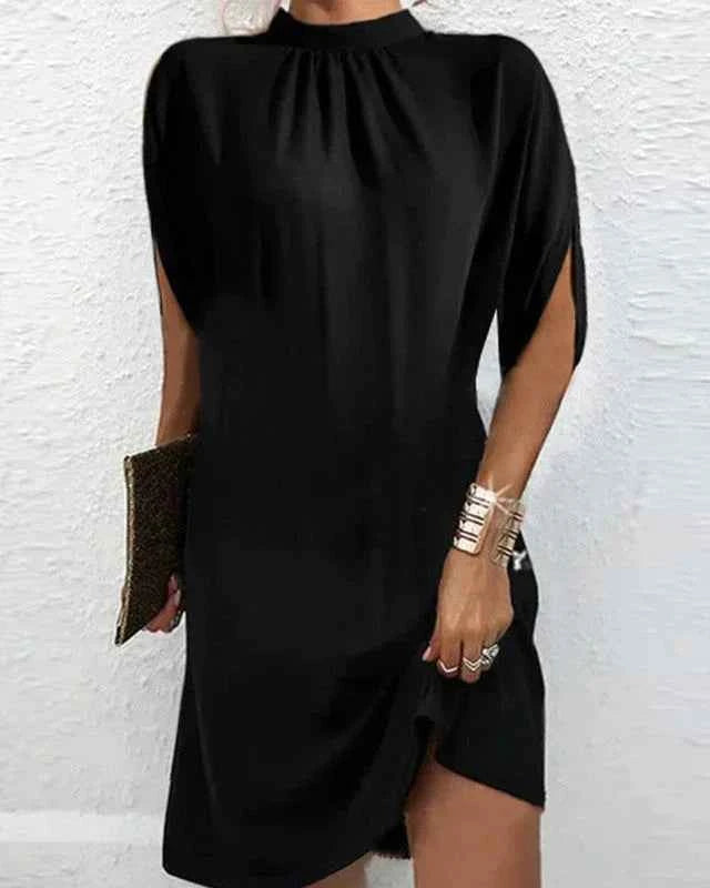 Robe courte femme soirée manches chauve-souris col plissé