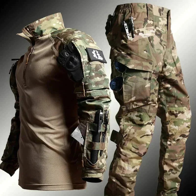 Kleding en accessoires > Kleding > Kledingsets : Ensemble Outdoor Homme - Manches Longues avec Pantalon Cargo Style Militaire dans Vert de Roselva