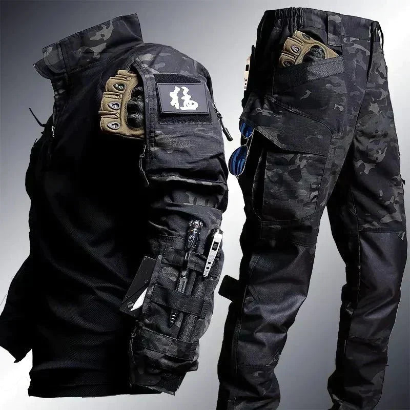Kleding en accessoires > Kleding > Kledingsets : Ensemble Outdoor Homme - Manches Longues avec Pantalon Cargo Style Militaire dans Noir de Roselva