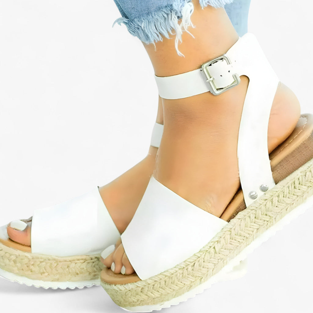 Sandales Espadrilles Femme Polyvalentes en Toile Beige à Talon Compensé Confortable