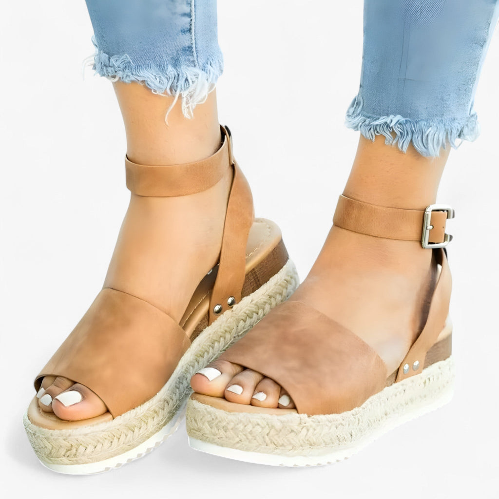 Sandales Espadrilles Femme Polyvalentes en Toile Beige à Talon Compensé Confortable