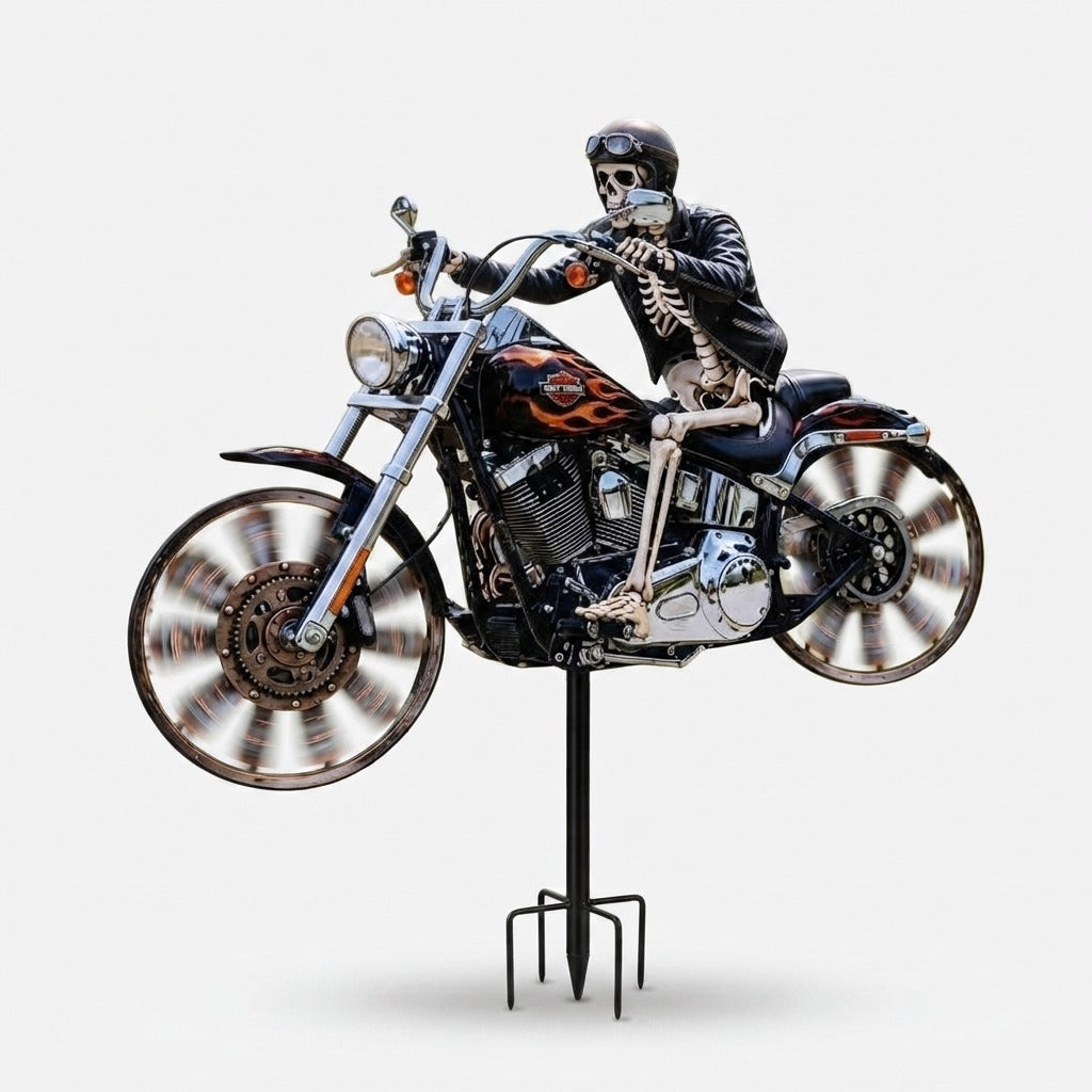 Éolienne de Jardin Motard Crâne sur Moto