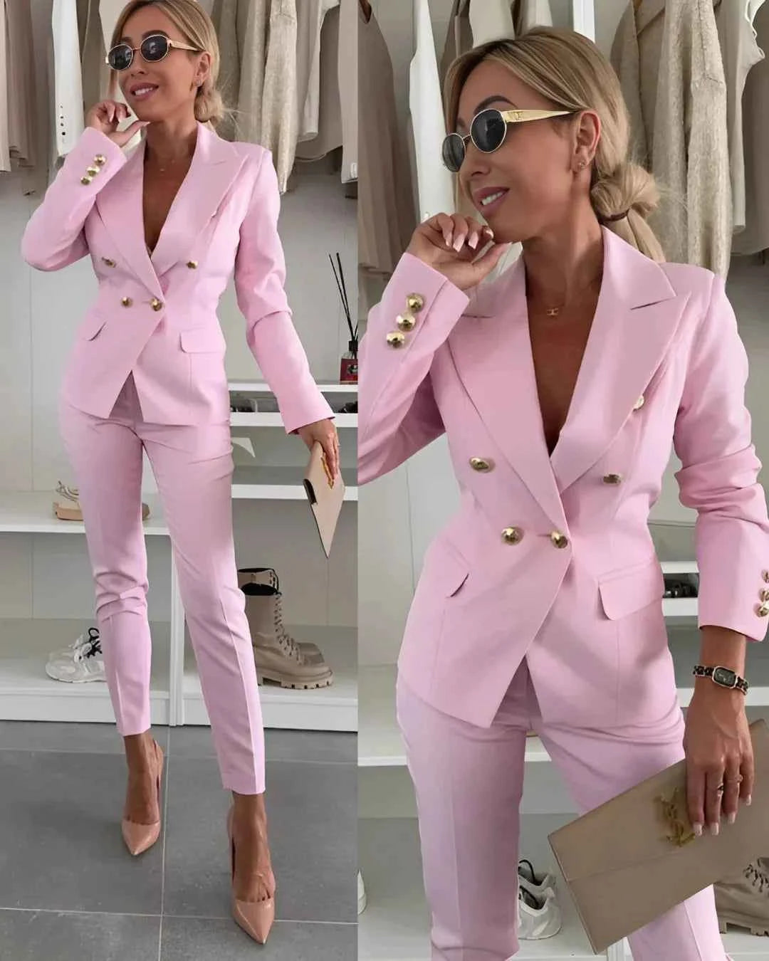Sets : Tailleur Femme Double Boutonnage - Coupe Cintrée Moderne Élégante dans Rose de Marche Lino