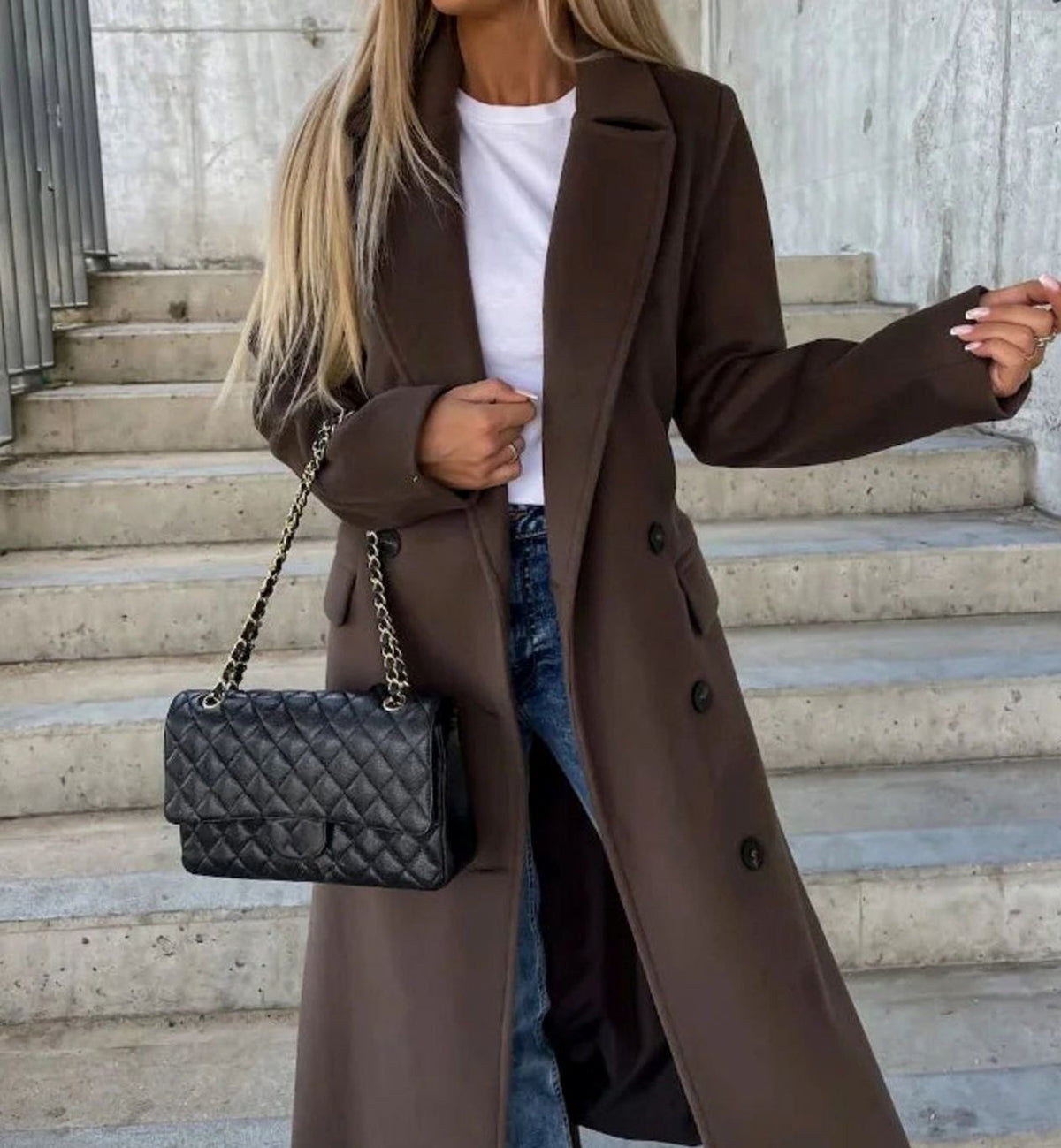 Manteau Long Croisé pour Femme avec Col à Revers